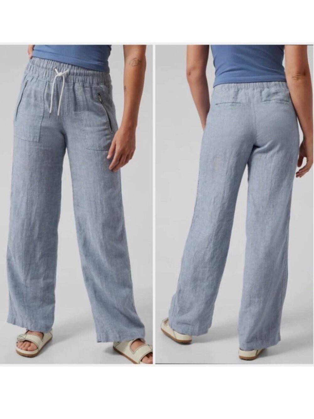 Athleta Cabo Linen Wide Leg Pant Pull On Beach Coastal Chambray Blue Women's 14